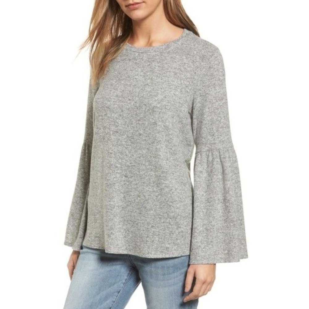 GIBSON Long Bell Sleeve Cozy Fleece Grey Top